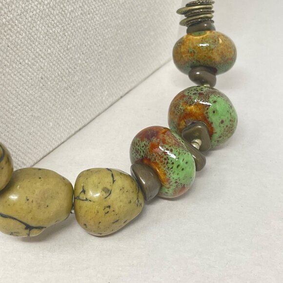 Treska Beaded Long Necklace Green Stone Porcelain Glass Boho Chunky Signed - Picture 2 of 13